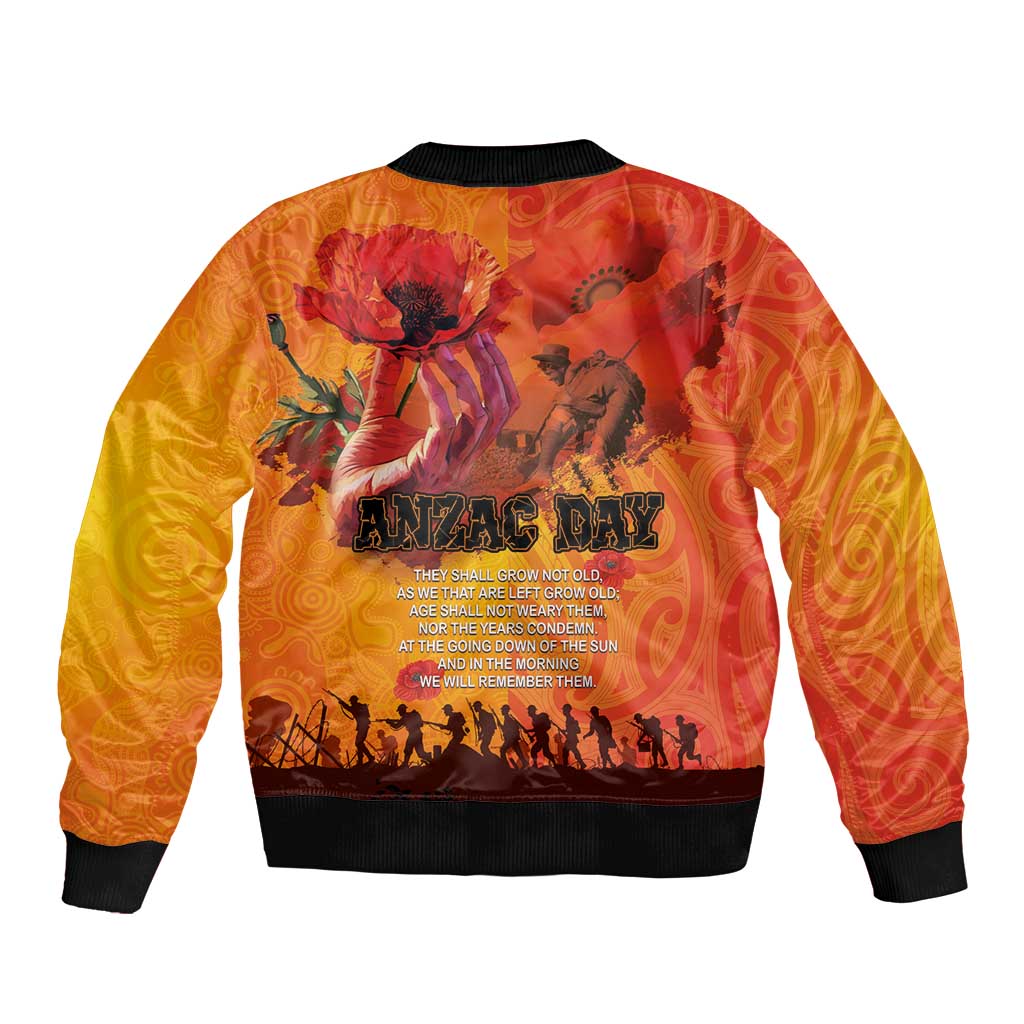 Australia and New Zealand ANZAC Day Bomber Jacket Soldiers Memories - Red Poppies with Aboriginal and Maori Art