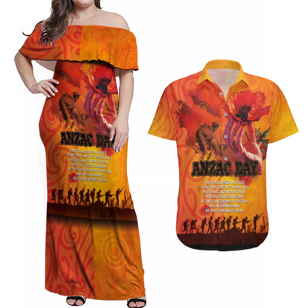 Australia and New Zealand ANZAC Day Couples Matching Off Shoulder Maxi Dress and Hawaiian Shirt Soldiers Memories - Red Poppies with Aboriginal and Maori Art