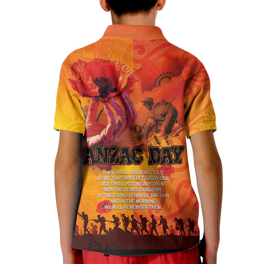 Australia and New Zealand ANZAC Day Kid Polo Shirt Soldiers Memories - Red Poppies with Aboriginal and Maori Art
