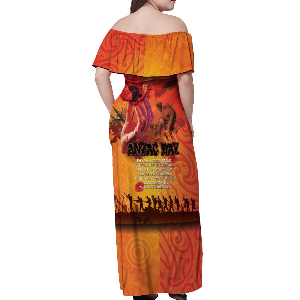 Australia and New Zealand ANZAC Day Off Shoulder Maxi Dress Soldiers Memories - Red Poppies with Aboriginal and Maori Art