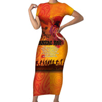 Australia and New Zealand ANZAC Day Short Sleeve Bodycon Dress Soldiers Memories - Red Poppies with Aboriginal and Maori Art