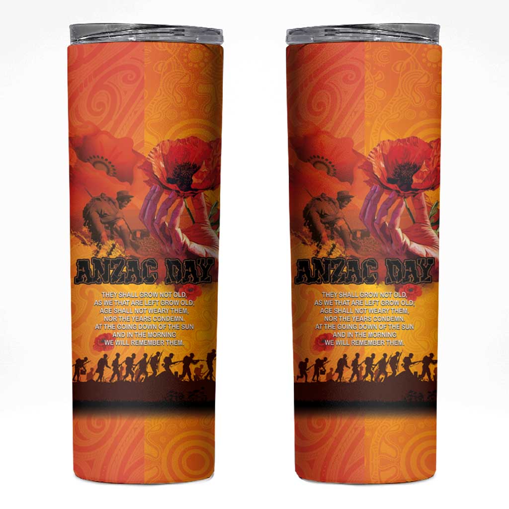 Australia and New Zealand ANZAC Day Skinny Tumbler Soldiers Memories - Red Poppies with Aboriginal and Maori Art LT03 Orange-Yellow - Polynesian Pride