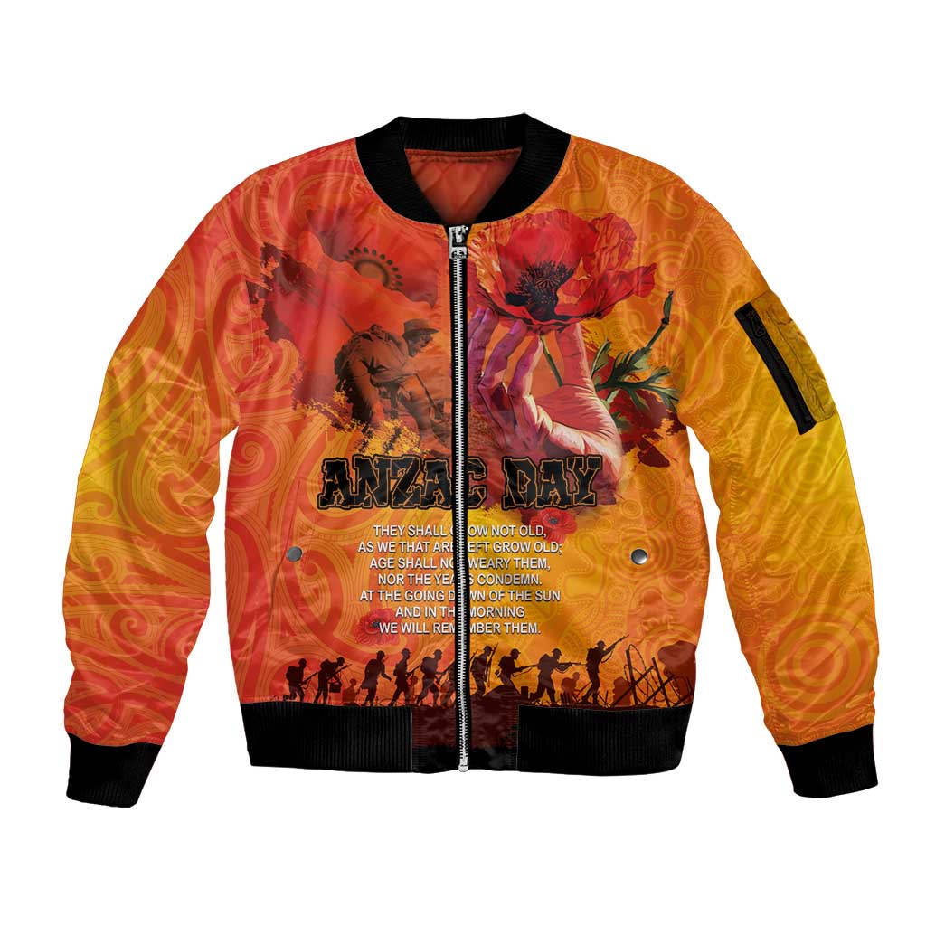 Australia and New Zealand ANZAC Day Sleeve Zip Bomber Jacket Soldiers Memories - Red Poppies with Aboriginal and Maori Art