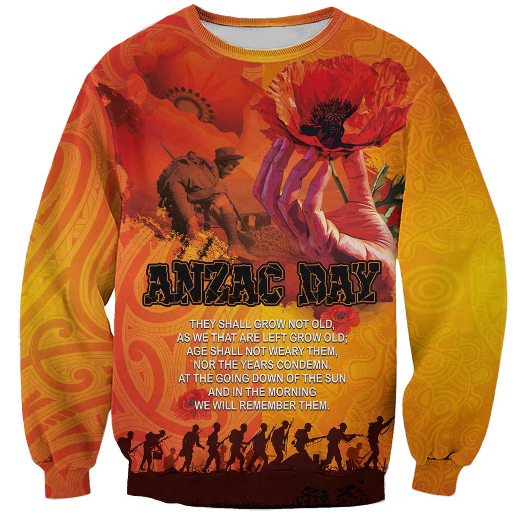 Australia and New Zealand ANZAC Day Sweatshirt Soldiers Memories - Red Poppies with Aboriginal and Maori Art