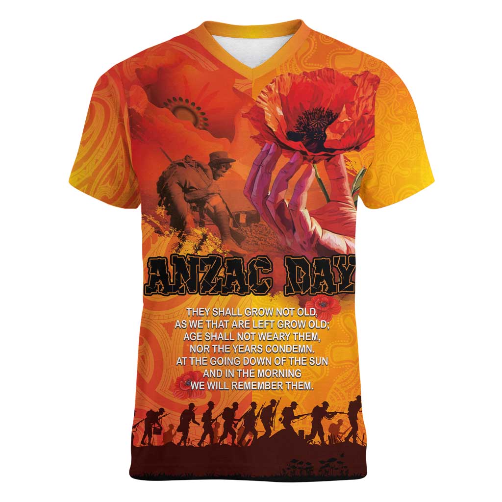 Australia and New Zealand ANZAC Day Women V-Neck T-Shirt Soldiers Memories - Red Poppies with Aboriginal and Maori Art