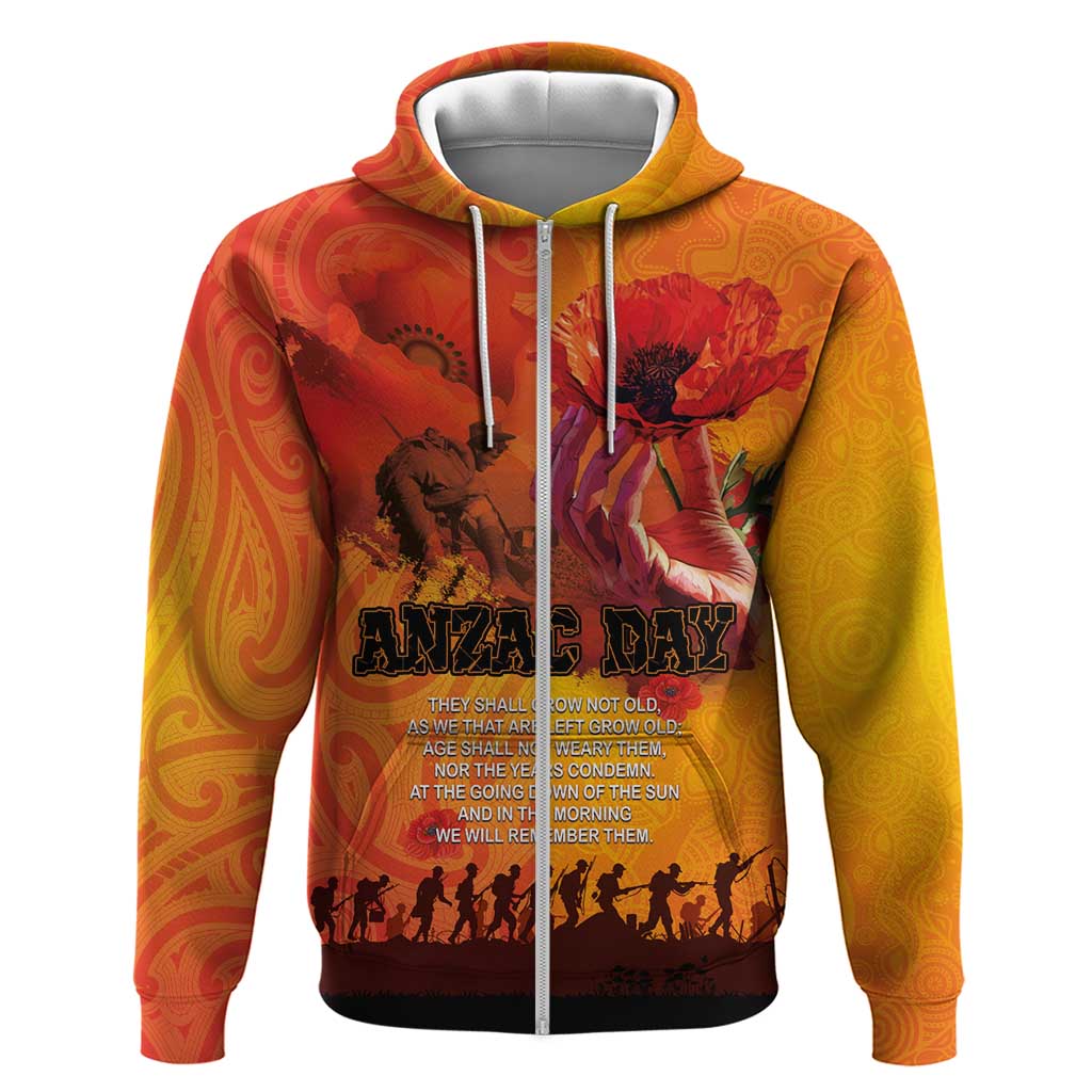 Australia and New Zealand ANZAC Day Zip Hoodie Soldiers Memories - Red Poppies with Aboriginal and Maori Art