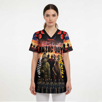 Australia and New Zealand ANZAC Day Scrub Top Kangaroo and Kiwi Bird Soldier - Forever in My Thoughts - Polynesian Pride