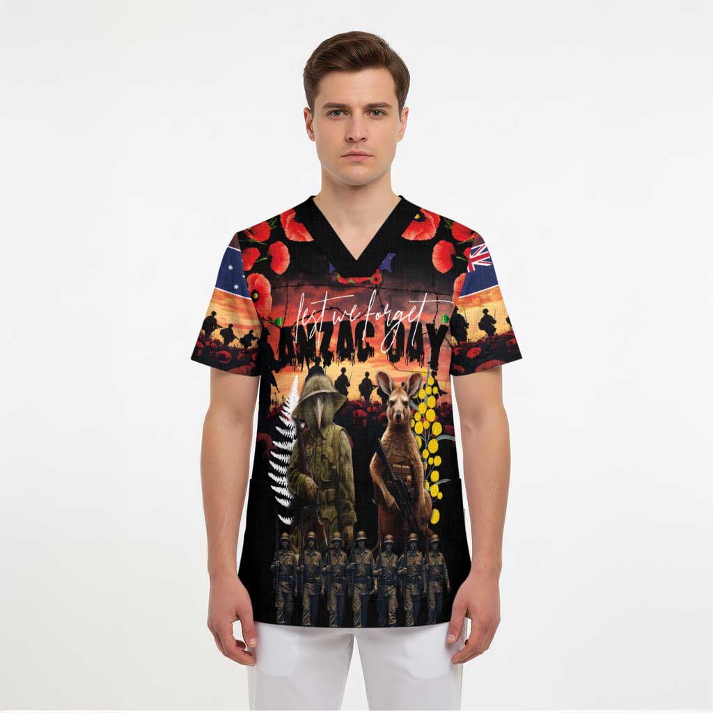 Australia and New Zealand ANZAC Day Scrub Top Kangaroo and Kiwi Bird Soldier - Forever in My Thoughts - Polynesian Pride