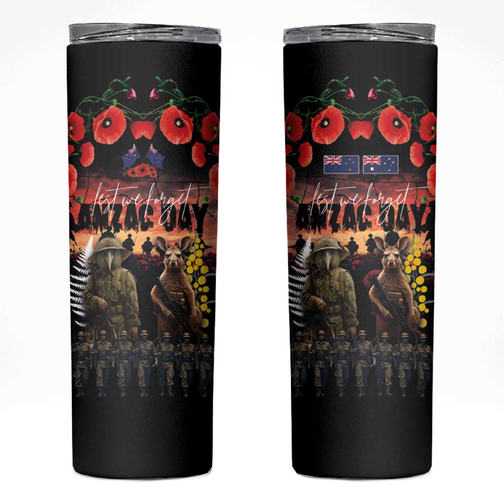 Australia and New Zealand ANZAC Day Skinny Tumbler Kangaroo and Kiwi Bird Soldier Forever in My Thoughts LT03 Black - Polynesian Pride