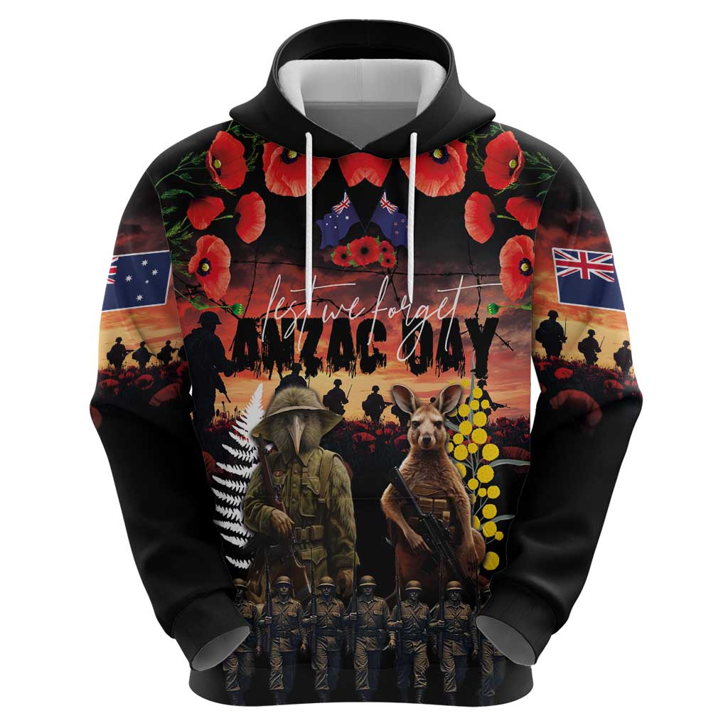 Australia and New Zealand ANZAC Day Zip Hoodie Kangaroo and Kiwi Bird Soldier - Forever in My Thoughts