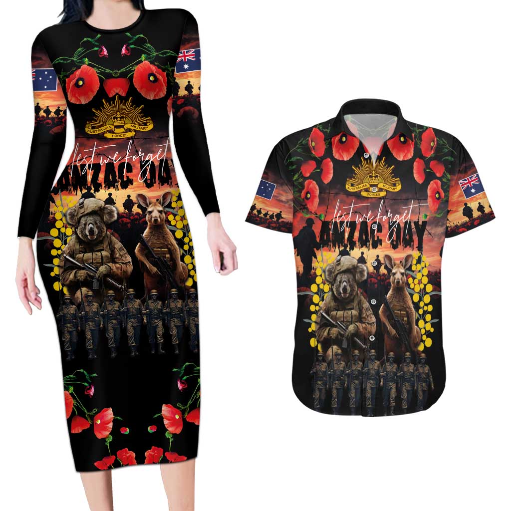 Australia ANZAC Day Couples Matching Long Sleeve Bodycon Dress and Hawaiian Shirt Kangaroo and Koala Soldier - Forever in My Thoughts