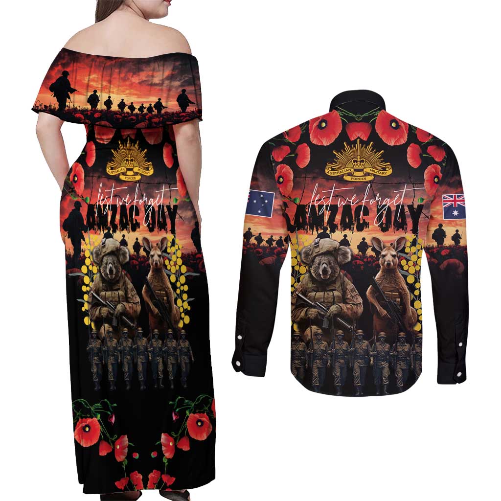 Australia ANZAC Day Couples Matching Off Shoulder Maxi Dress and Long Sleeve Button Shirt Kangaroo and Koala Soldier - Forever in My Thoughts