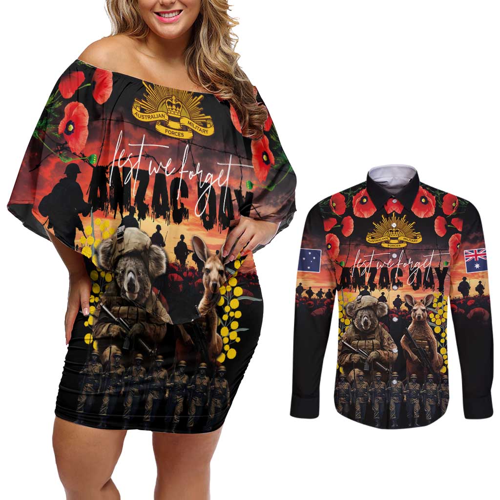 Australia ANZAC Day Couples Matching Off Shoulder Short Dress and Long Sleeve Button Shirt Kangaroo and Koala Soldier - Forever in My Thoughts