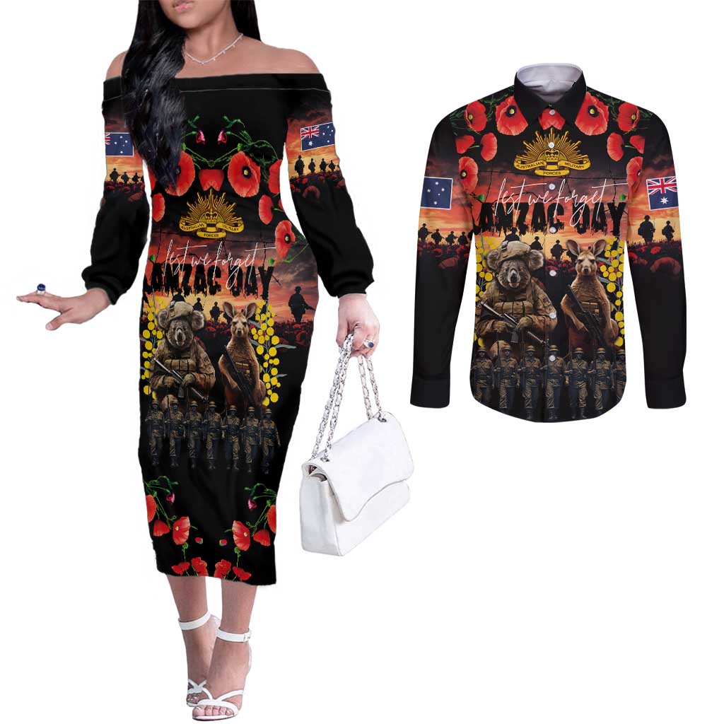 Australia ANZAC Day Couples Matching Off The Shoulder Long Sleeve Dress and Long Sleeve Button Shirt Kangaroo and Koala Soldier - Forever in My Thoughts