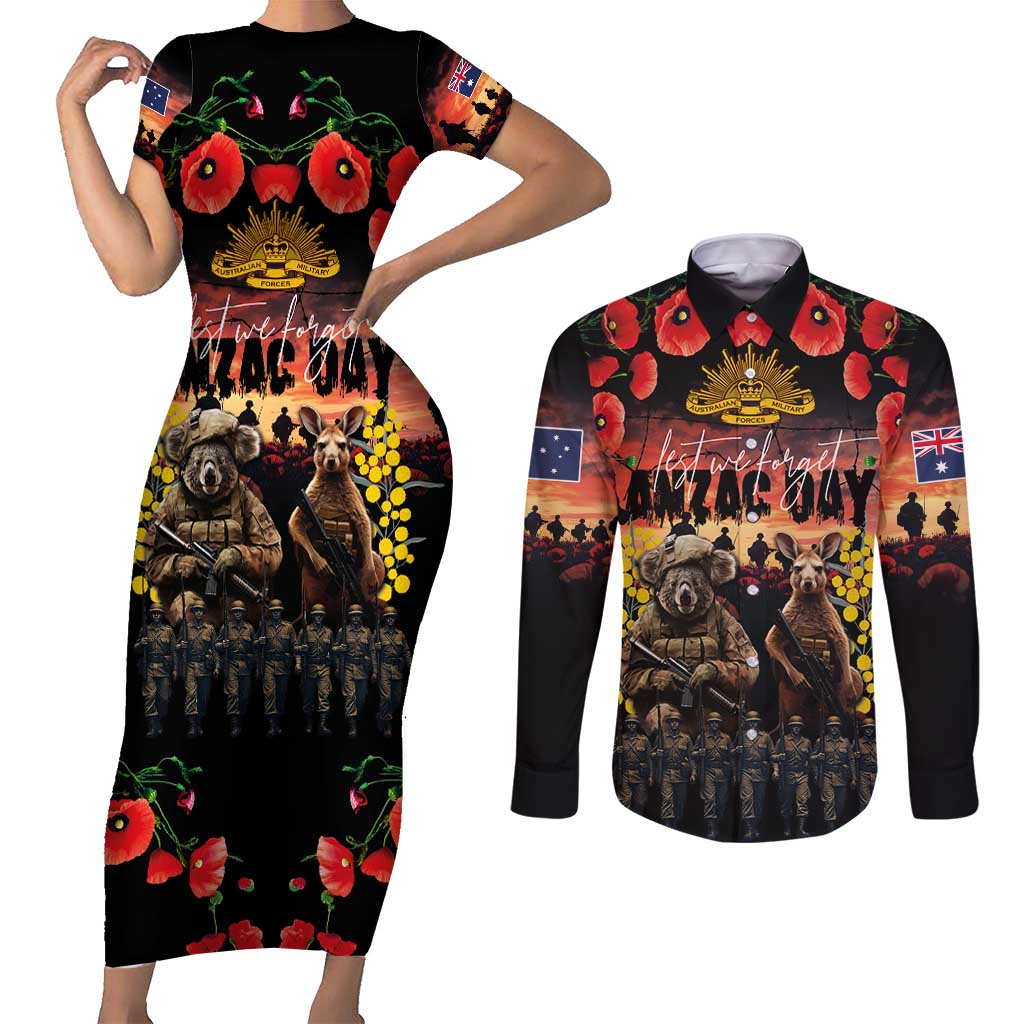 Australia ANZAC Day Couples Matching Short Sleeve Bodycon Dress and Long Sleeve Button Shirt Kangaroo and Koala Soldier - Forever in My Thoughts