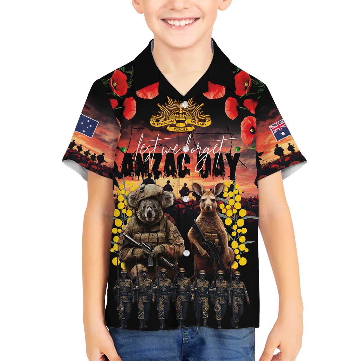 Australia ANZAC Day Family Matching Off The Shoulder Long Sleeve Dress and Hawaiian Shirt Kangaroo and Koala Soldier - Forever in My Thoughts