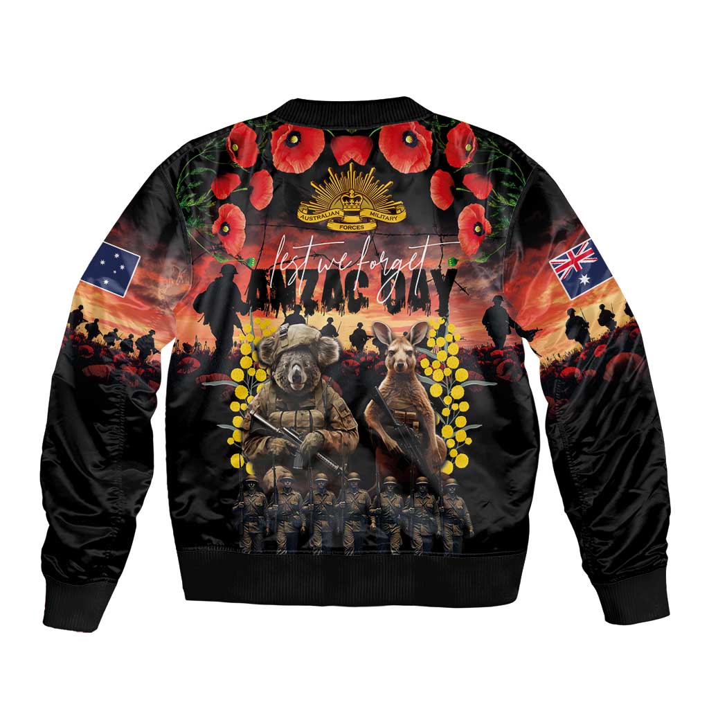 Australia ANZAC Day Sleeve Zip Bomber Jacket Kangaroo and Koala Soldier - Forever in My Thoughts