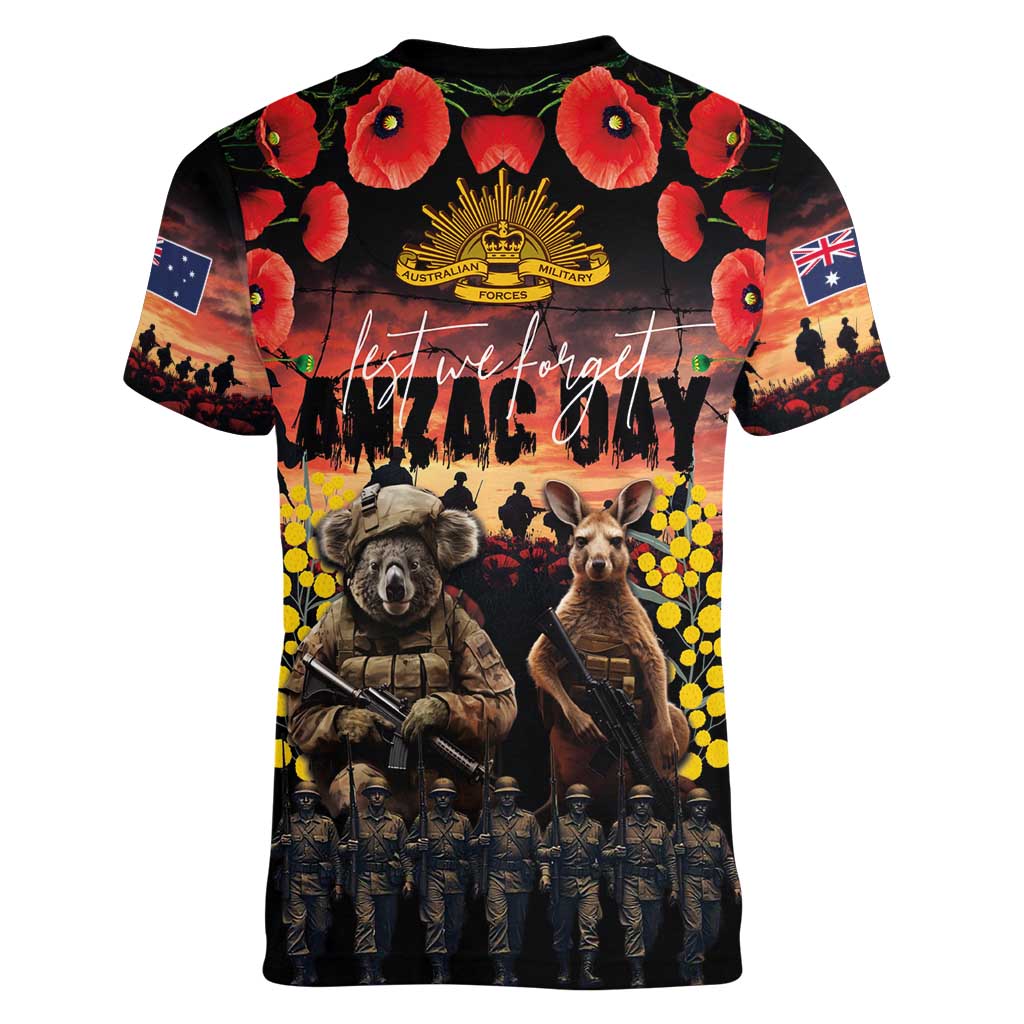 Australia ANZAC Day Women V-Neck T-Shirt Kangaroo and Koala Soldier - Forever in My Thoughts