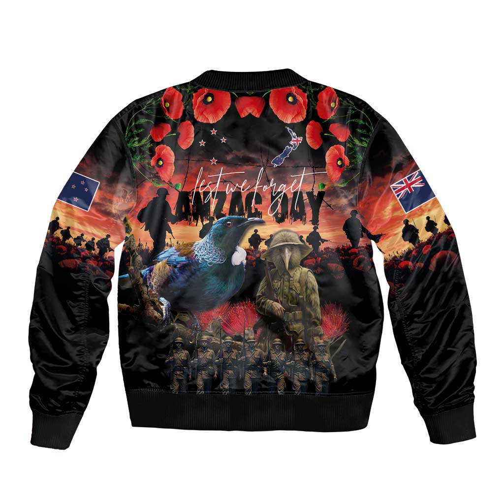 New Zealand ANZAC Day Bomber Jacket Tui Bird and Kiwi Bird Soldier - Forever in My Thoughts