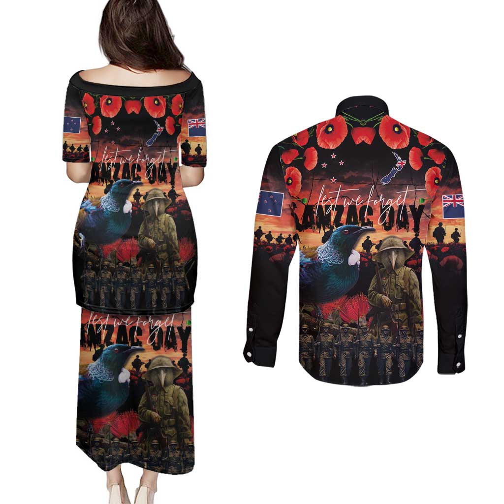 New Zealand ANZAC Day Couples Matching Puletasi and Long Sleeve Button Shirt Tui Bird and Kiwi Bird Soldier - Forever in My Thoughts