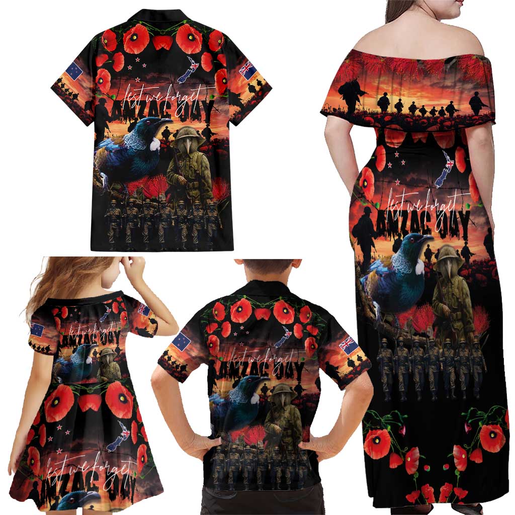New Zealand ANZAC Day Family Matching Off Shoulder Maxi Dress and Hawaiian Shirt Tui Bird and Kiwi Bird Soldier - Forever in My Thoughts