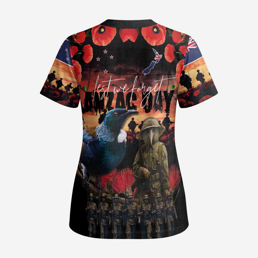 New Zealand ANZAC Day Scrub Top Tui Bird and Kiwi Bird Soldier - Forever in My Thoughts - Polynesian Pride