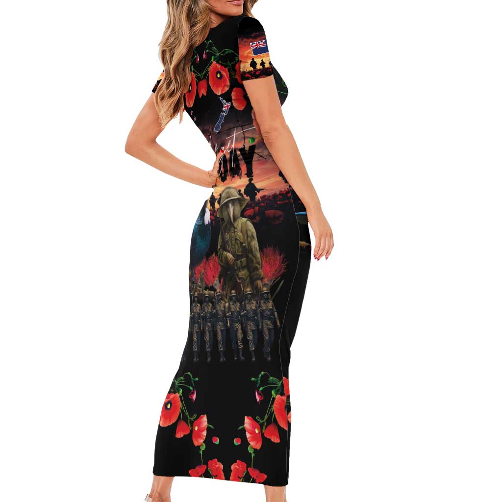 New Zealand ANZAC Day Short Sleeve Bodycon Dress Tui Bird and Kiwi Bird Soldier - Forever in My Thoughts