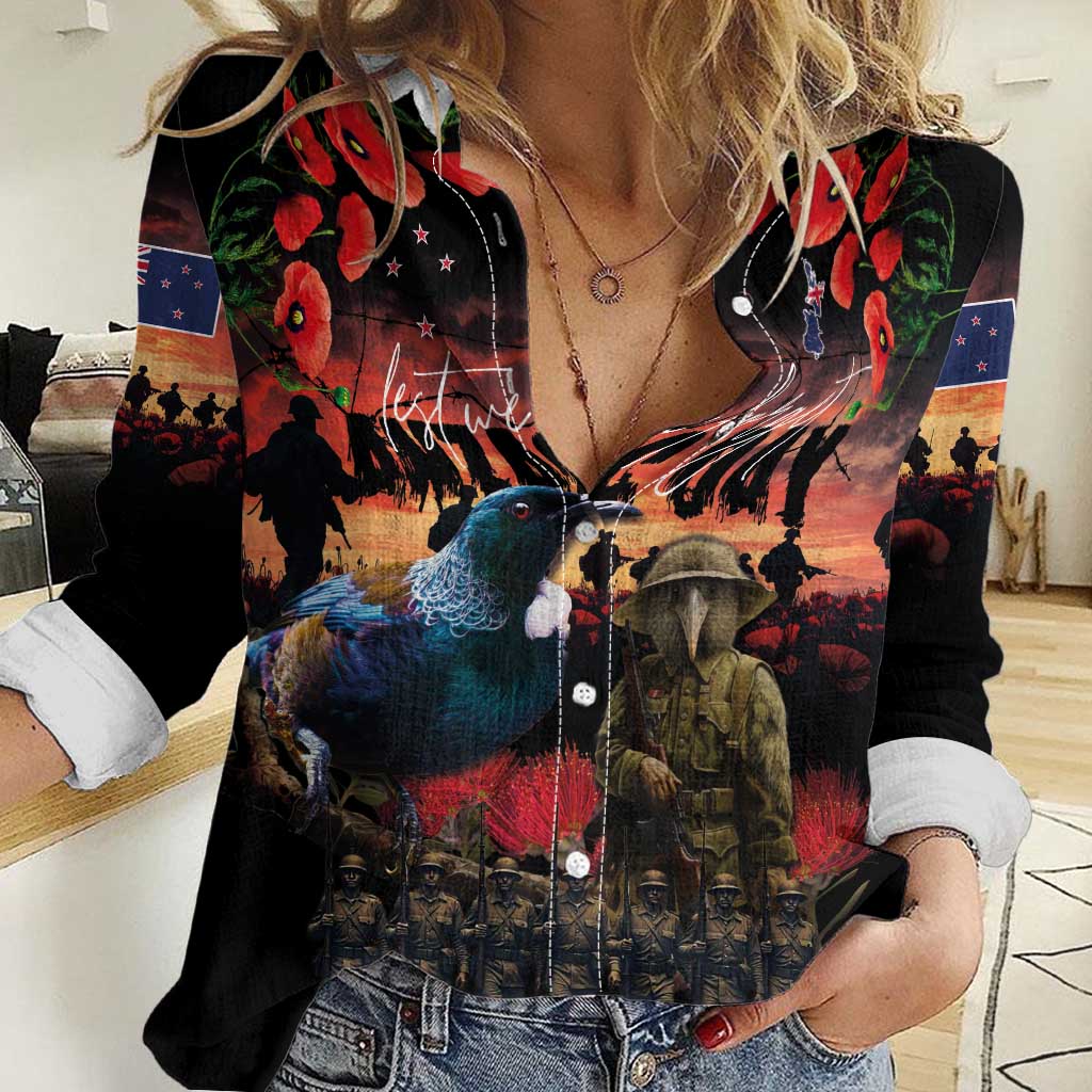 New Zealand ANZAC Day Women Casual Shirt Tui Bird and Kiwi Bird Soldier - Forever in My Thoughts LT03 Female Black - Polynesian Pride