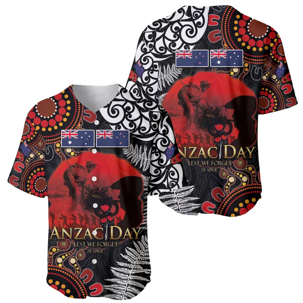 Australia and New Zealand ANZAC Day Baseball Jersey Aboriginal and Maori Art Pattern - Gallipoli Lest We Forget