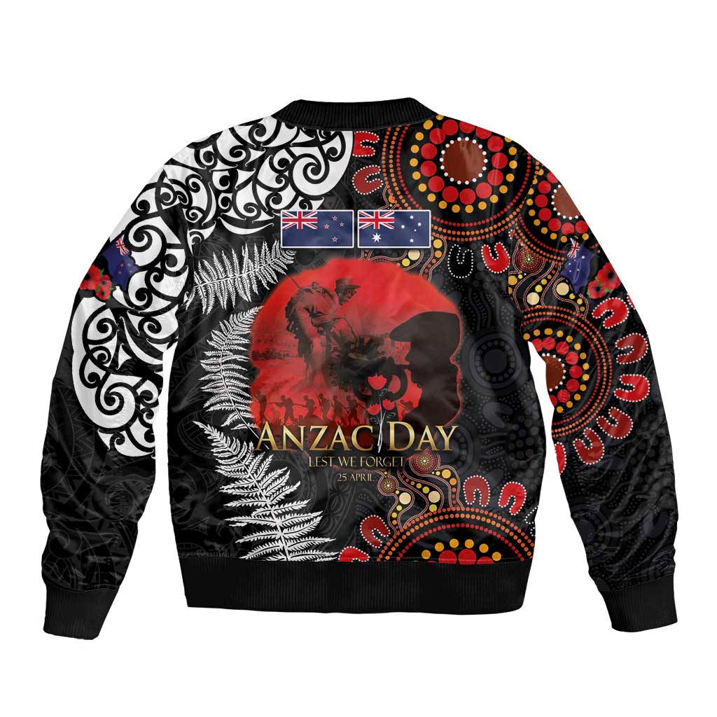 Australia and New Zealand ANZAC Day Bomber Jacket Aboriginal and Maori Art Pattern - Gallipoli Lest We Forget