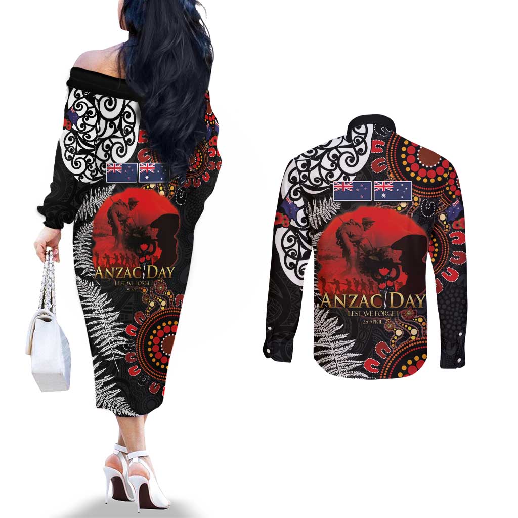 Australia and New Zealand ANZAC Day Couples Matching Off The Shoulder Long Sleeve Dress and Long Sleeve Button Shirt Aboriginal and Maori Art Pattern - Gallipoli Lest We Forget