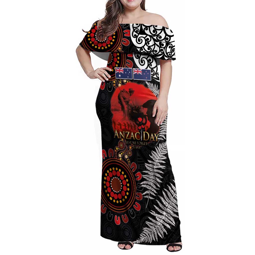 Australia and New Zealand ANZAC Day Family Matching Off Shoulder Maxi Dress and Hawaiian Shirt Aboriginal and Maori Art Pattern - Gallipoli Lest We Forget