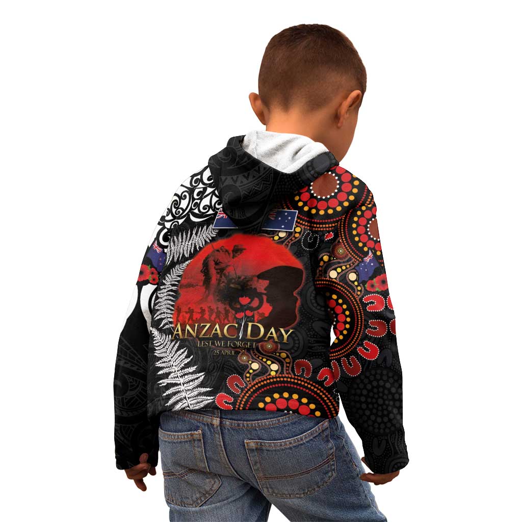 Australia and New Zealand ANZAC Day Kid Hoodie Aboriginal and Maori Art Pattern - Gallipoli Lest We Forget