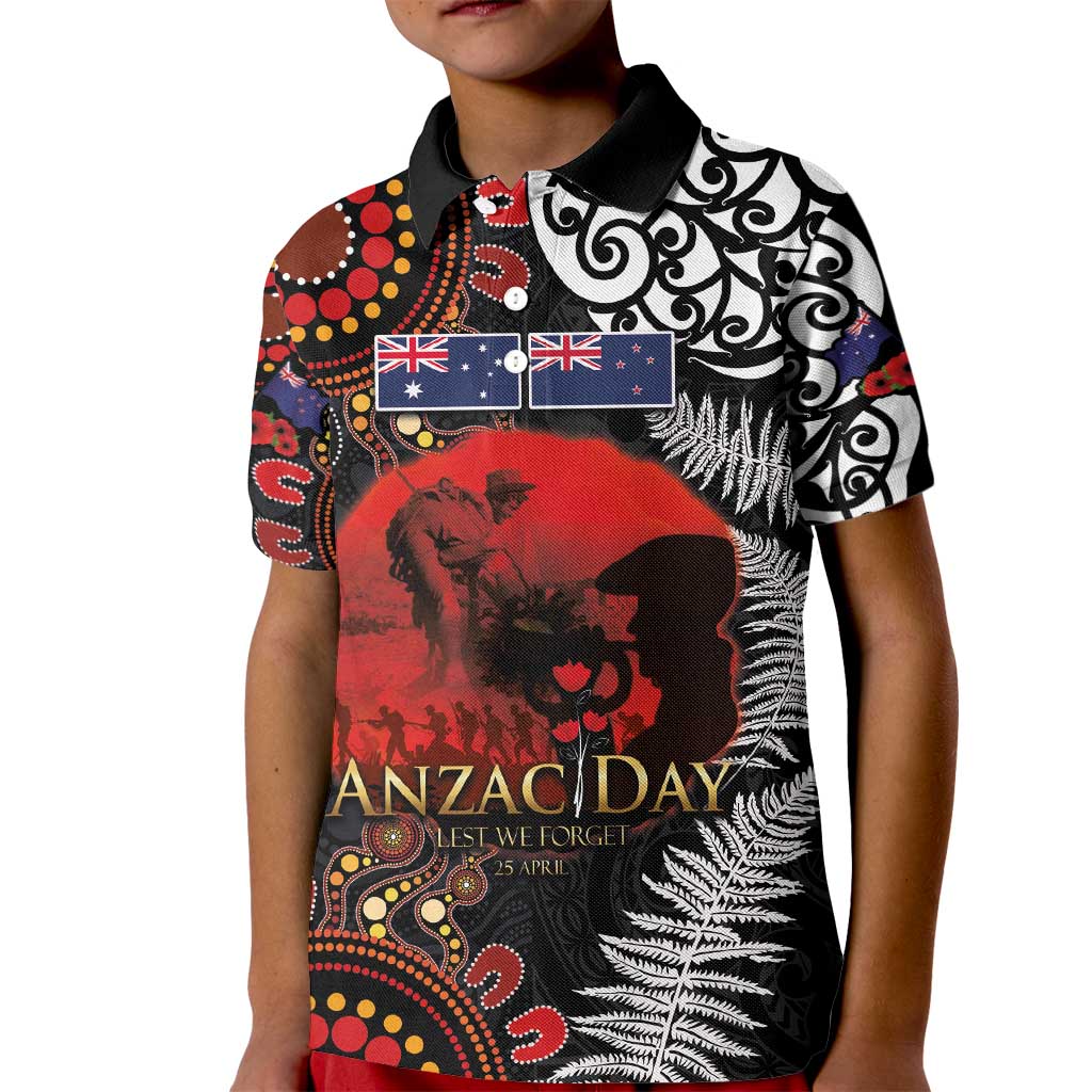Australia and New Zealand ANZAC Day Kid Polo Shirt Aboriginal and Maori Art Pattern - Gallipoli Lest We Forget