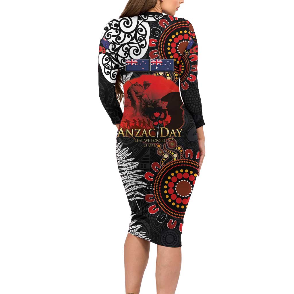 Australia and New Zealand ANZAC Day Long Sleeve Bodycon Dress Aboriginal and Maori Art Pattern - Gallipoli Lest We Forget