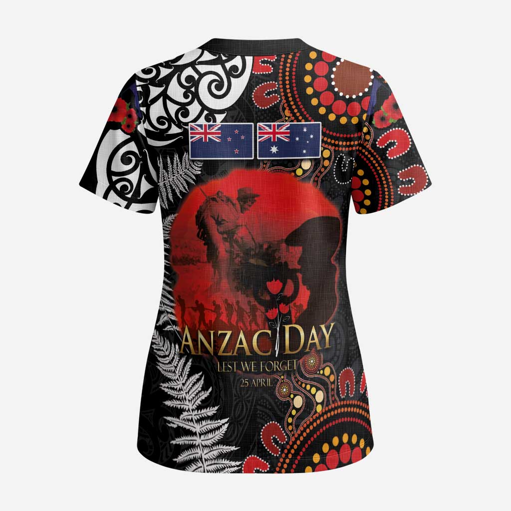 Australia and New Zealand ANZAC Day Scrub Top Aboriginal and Maori Art Pattern - Gallipoli Lest We Forget - Polynesian Pride