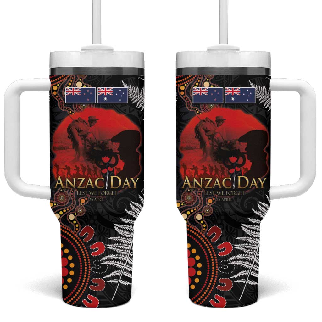 Australia and New Zealand ANZAC Day Tumbler With Handle Aboriginal and Maori Art Pattern Gallipoli Lest We Forget LT03 One Size: 40 oz Black - Polynesian Pride