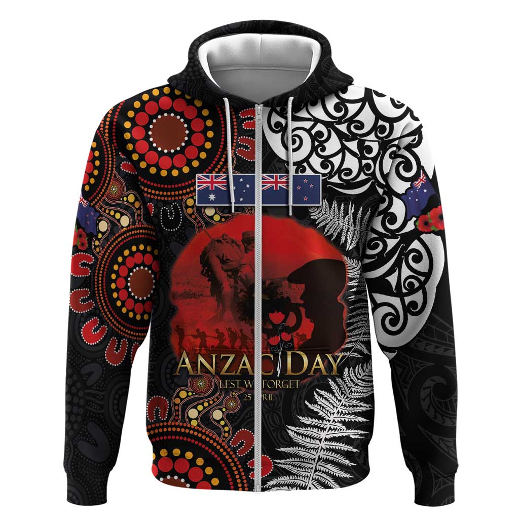 Australia and New Zealand ANZAC Day Zip Hoodie Aboriginal and Maori Art Pattern - Gallipoli Lest We Forget