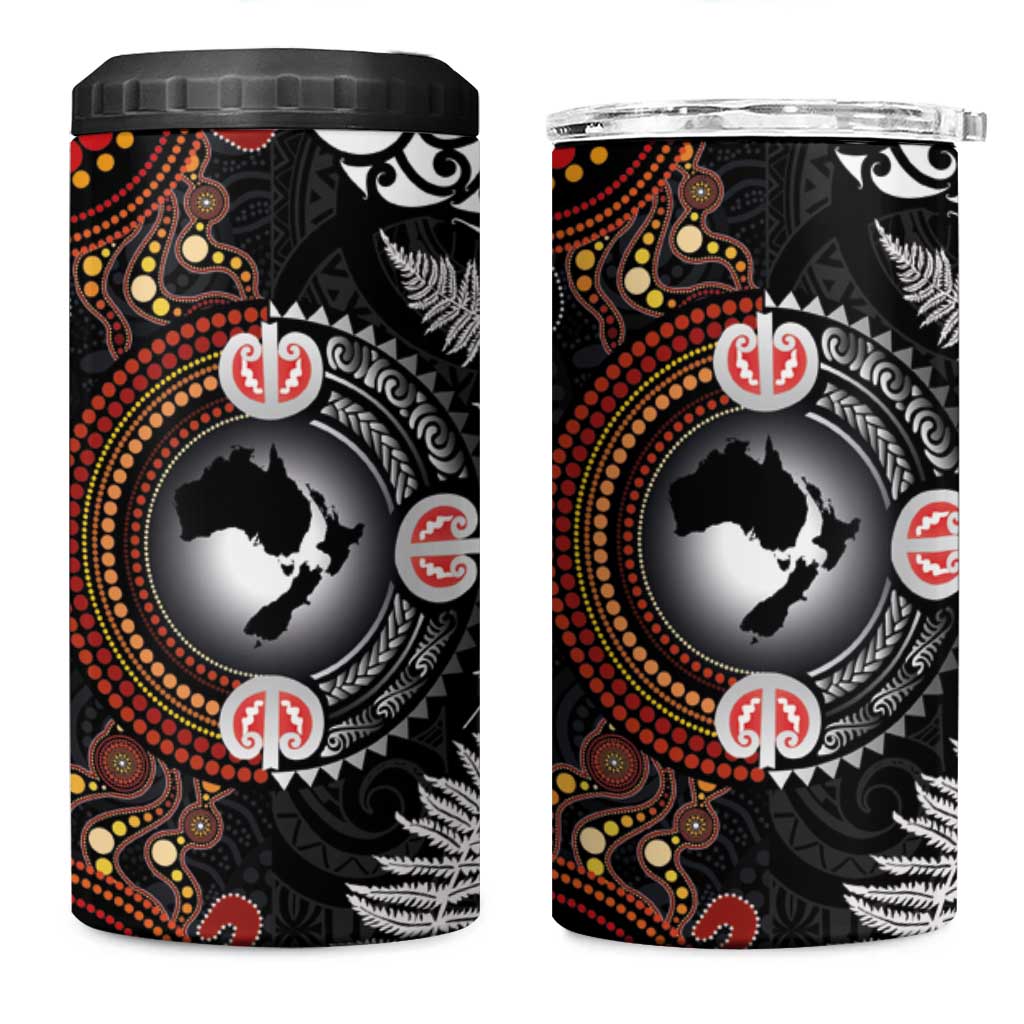 Australia and New Zealand Together 4 in 1 Can Cooler Tumbler Aboriginal and Maori Art Tattoo