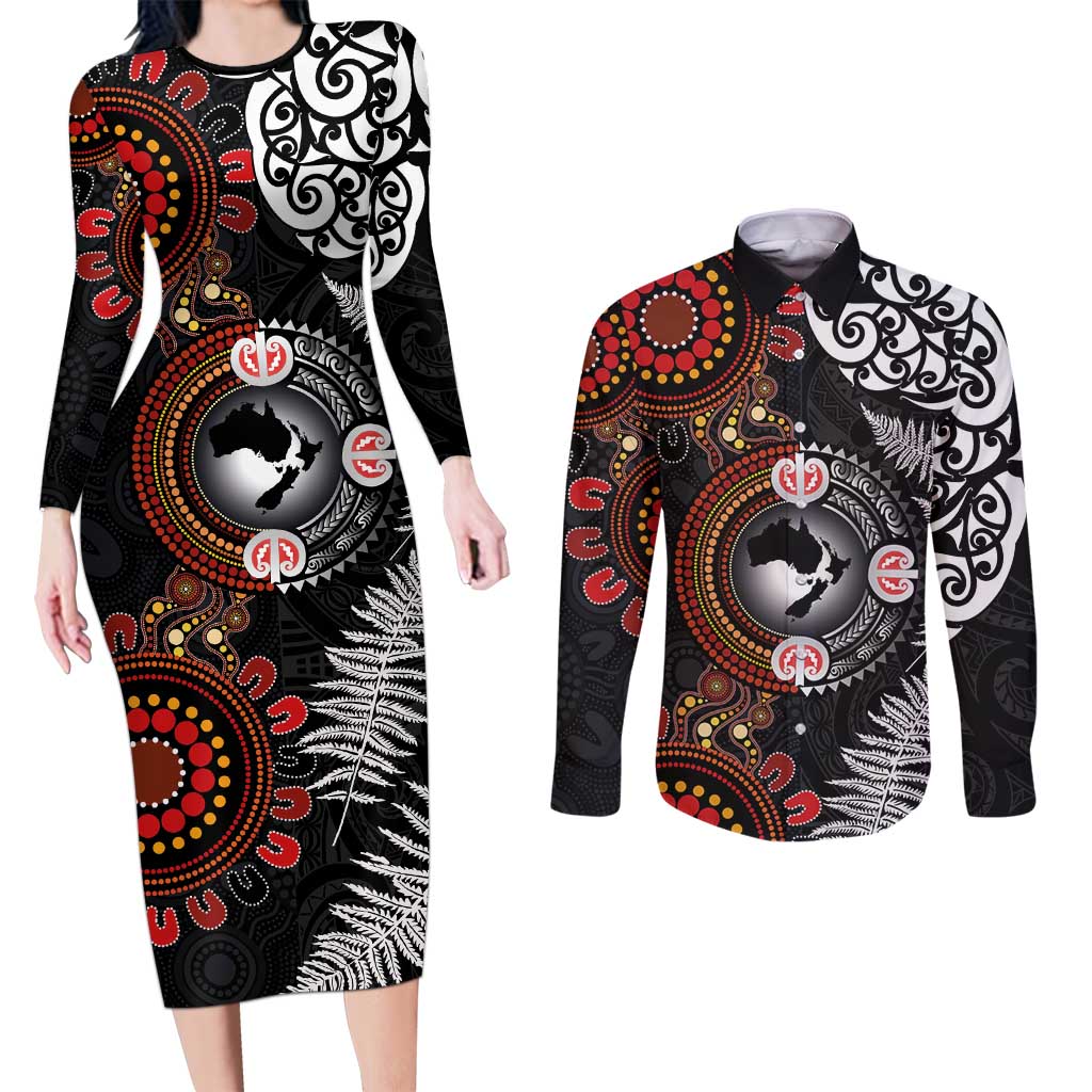 Australia and New Zealand Together Couples Matching Long Sleeve Bodycon Dress and Long Sleeve Button Shirt Aboriginal and Maori Art Tattoo