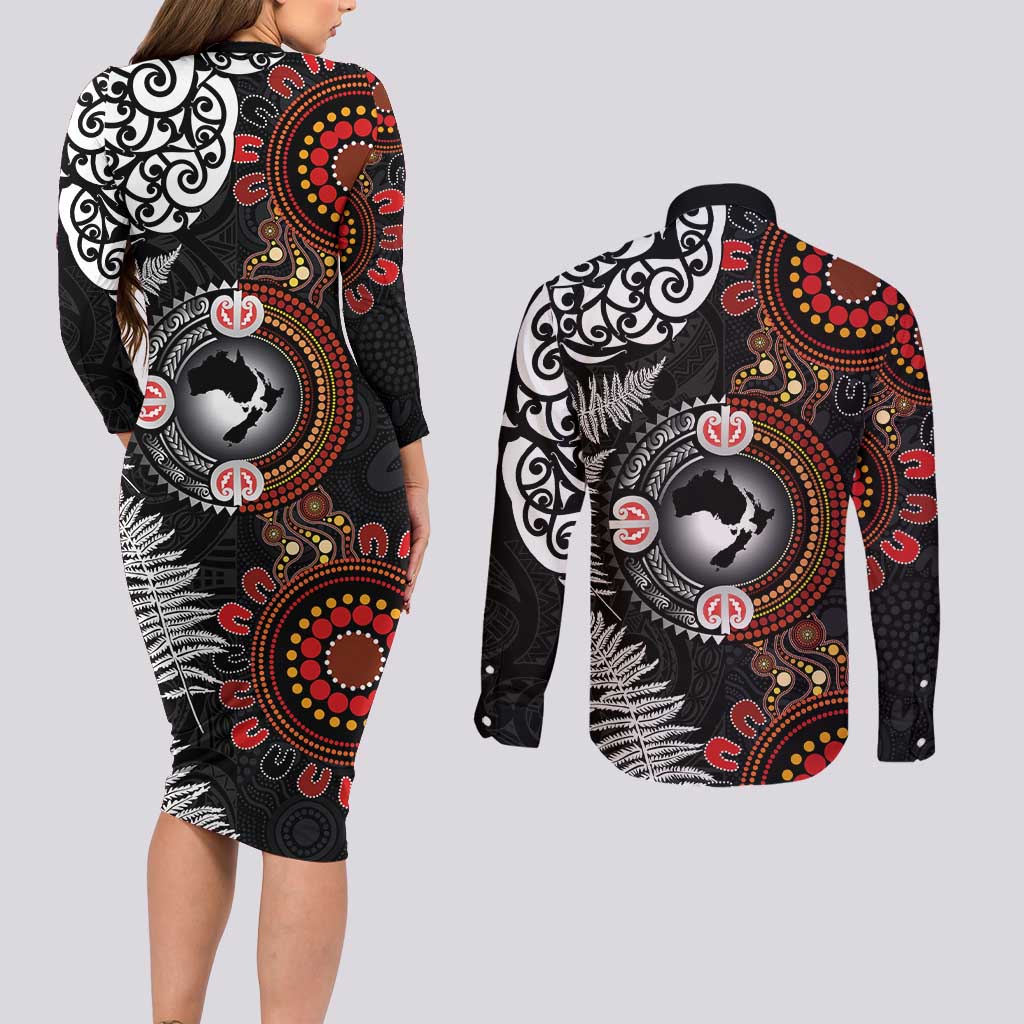 Australia and New Zealand Together Couples Matching Long Sleeve Bodycon Dress and Long Sleeve Button Shirt Aboriginal and Maori Art Tattoo