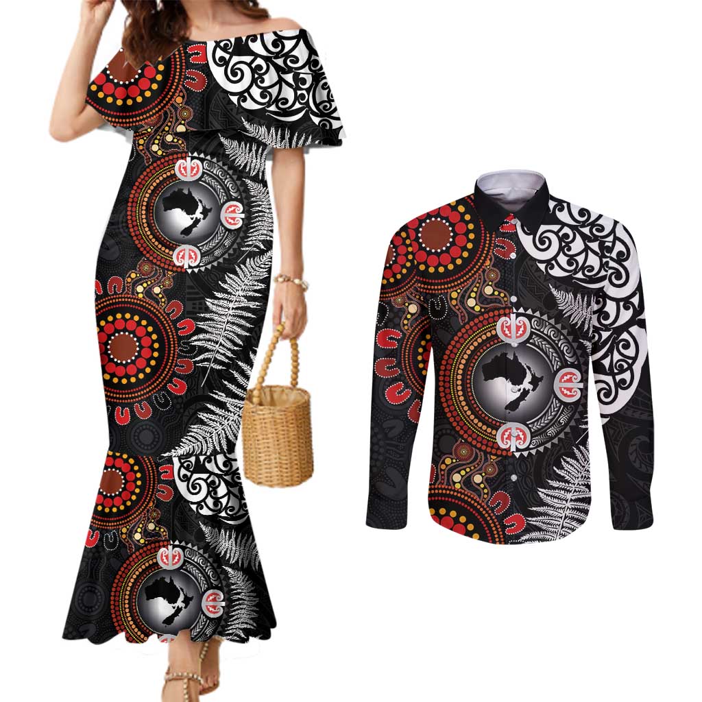 Australia and New Zealand Together Couples Matching Mermaid Dress and Long Sleeve Button Shirt Aboriginal and Maori Art Tattoo