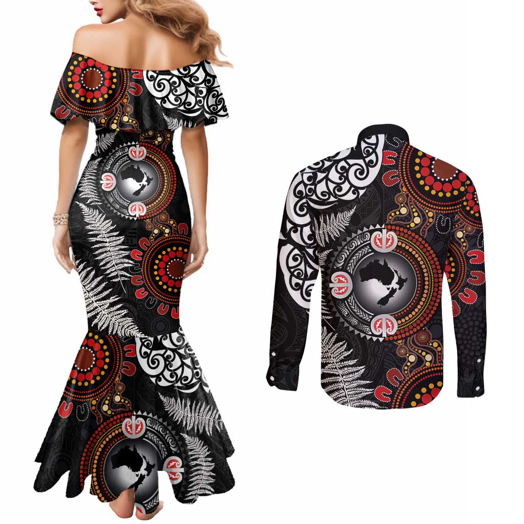 Australia and New Zealand Together Couples Matching Mermaid Dress and Long Sleeve Button Shirt Aboriginal and Maori Art Tattoo