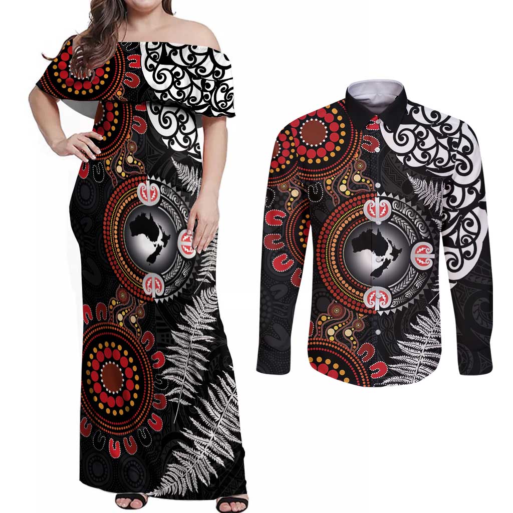 Australia and New Zealand Together Couples Matching Off Shoulder Maxi Dress and Long Sleeve Button Shirt Aboriginal and Maori Art Tattoo