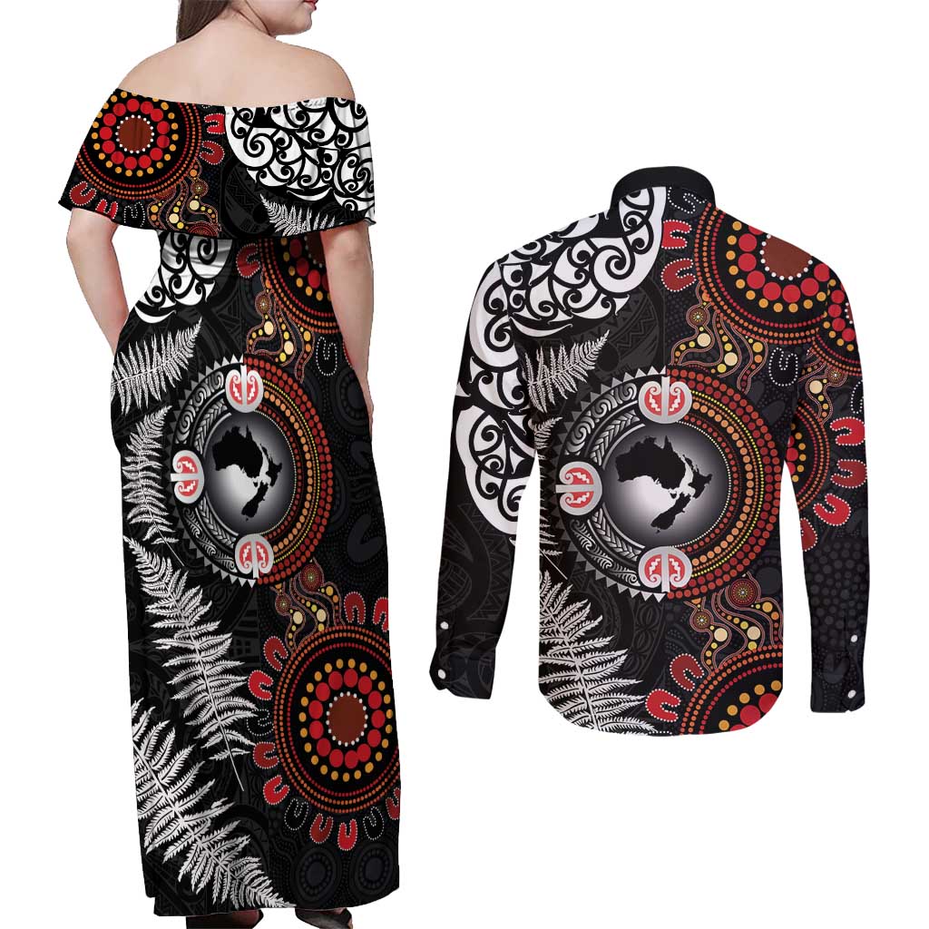 Australia and New Zealand Together Couples Matching Off Shoulder Maxi Dress and Long Sleeve Button Shirt Aboriginal and Maori Art Tattoo