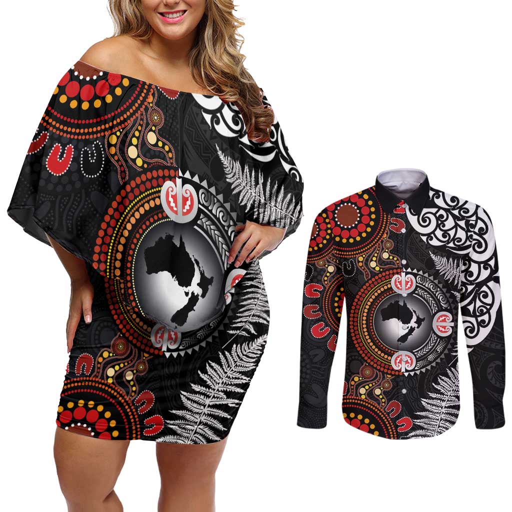 Australia and New Zealand Together Couples Matching Off Shoulder Short Dress and Long Sleeve Button Shirt Aboriginal and Maori Art Tattoo