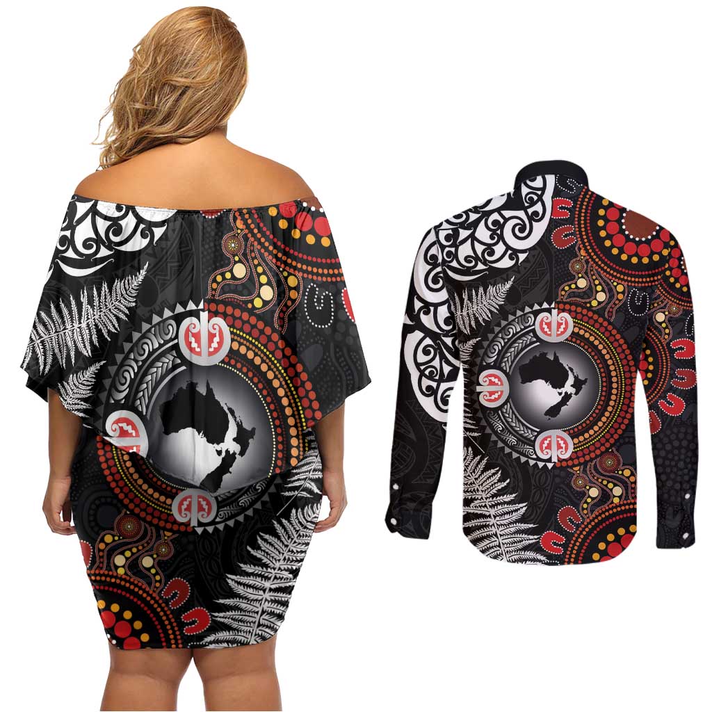 Australia and New Zealand Together Couples Matching Off Shoulder Short Dress and Long Sleeve Button Shirt Aboriginal and Maori Art Tattoo