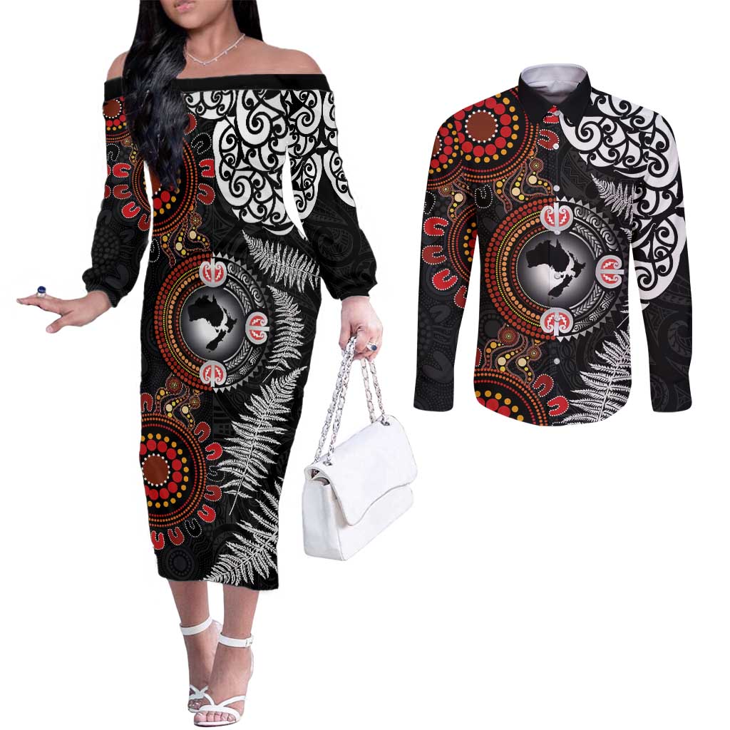 Australia and New Zealand Together Couples Matching Off The Shoulder Long Sleeve Dress and Long Sleeve Button Shirt Aboriginal and Maori Art Tattoo