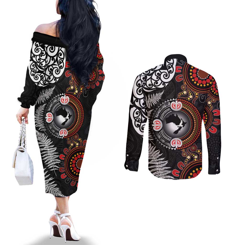 Australia and New Zealand Together Couples Matching Off The Shoulder Long Sleeve Dress and Long Sleeve Button Shirt Aboriginal and Maori Art Tattoo