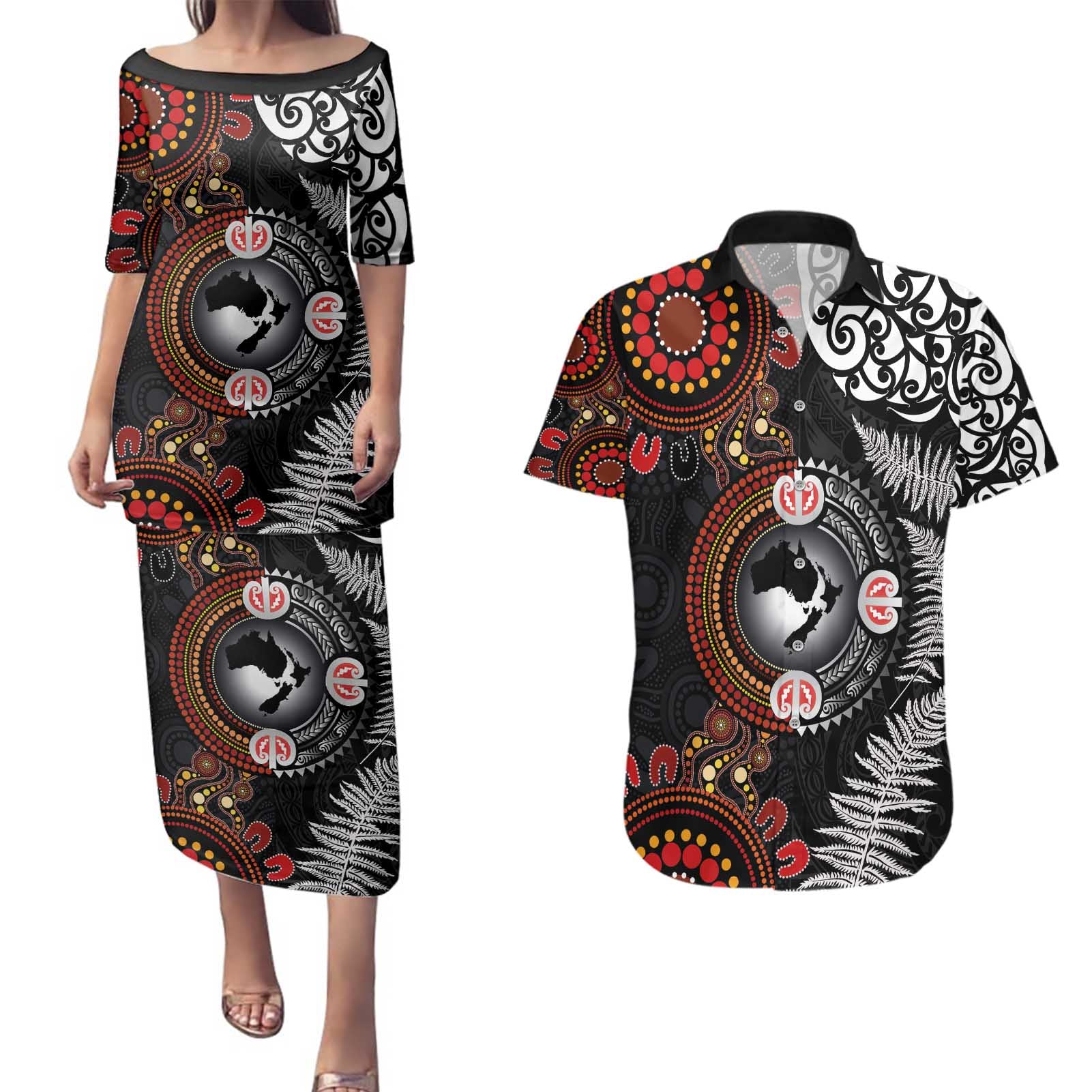 Australia and New Zealand Together Couples Matching Puletasi and Hawaiian Shirt Aboriginal and Maori Art Tattoo